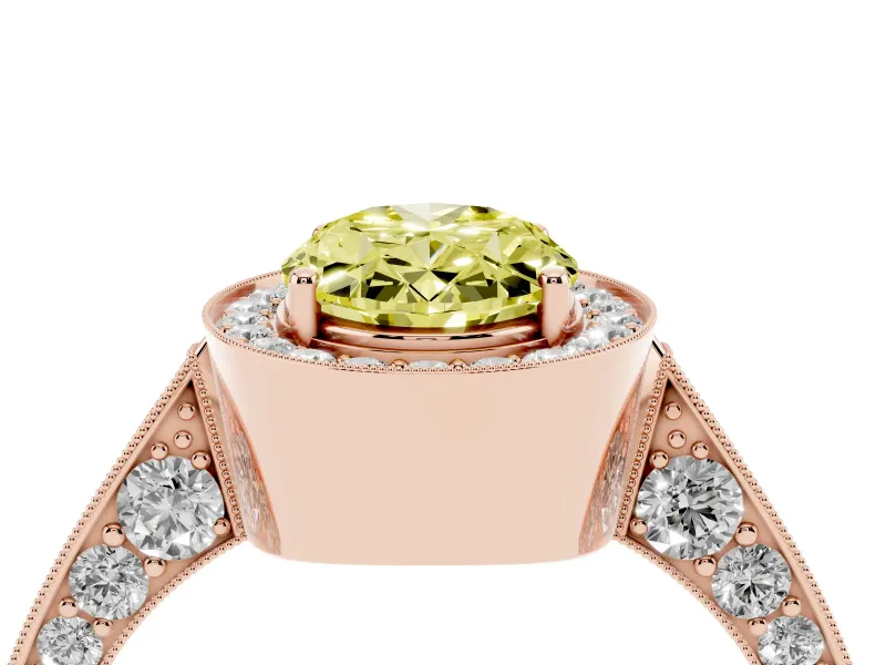 Oval Milgrain Halo Engagement Ring Setting for a Fancy Yellow Lab-Grown Diamond | Side Stones | Rose Gold