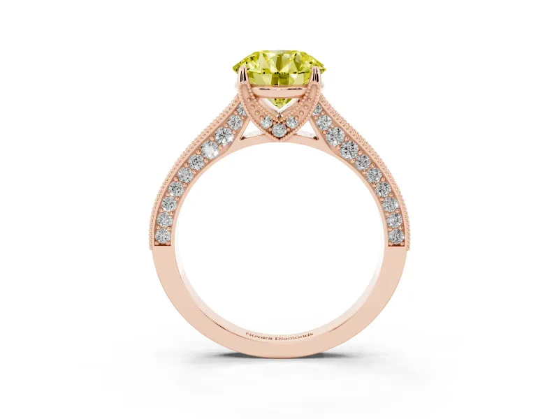 Round Vintage Hidden Halo Engagement Ring Setting for a Fancy Yellow Lab-Grown Diamond | Milgrain Pave Band | Rose Gold