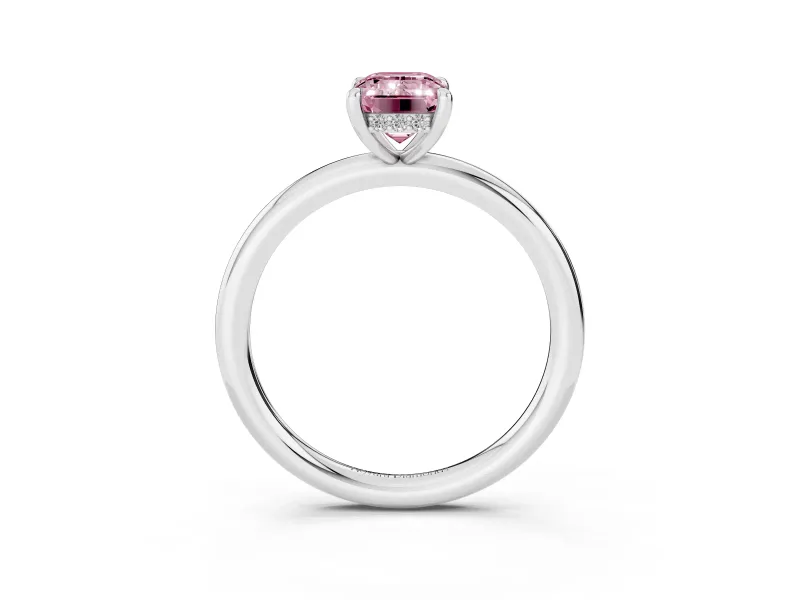 Fancy Pink Emerald Cut Diamond Solitaire Ring Set in Platinum with Thin Band and Prong Setting