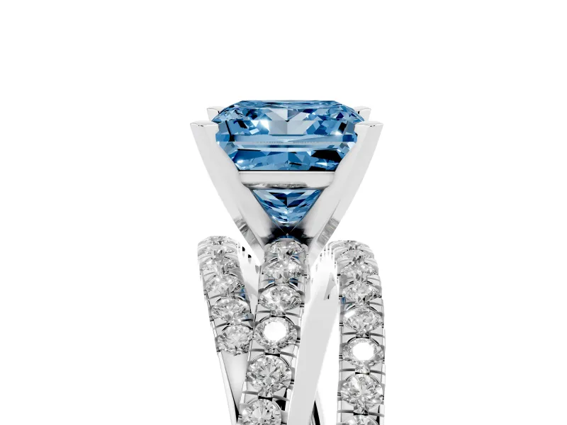 Fancy Blue Princess Cut Diamond Solitaire Twist Band Ring Set in White gold with Pavé Setting and Prong Head
