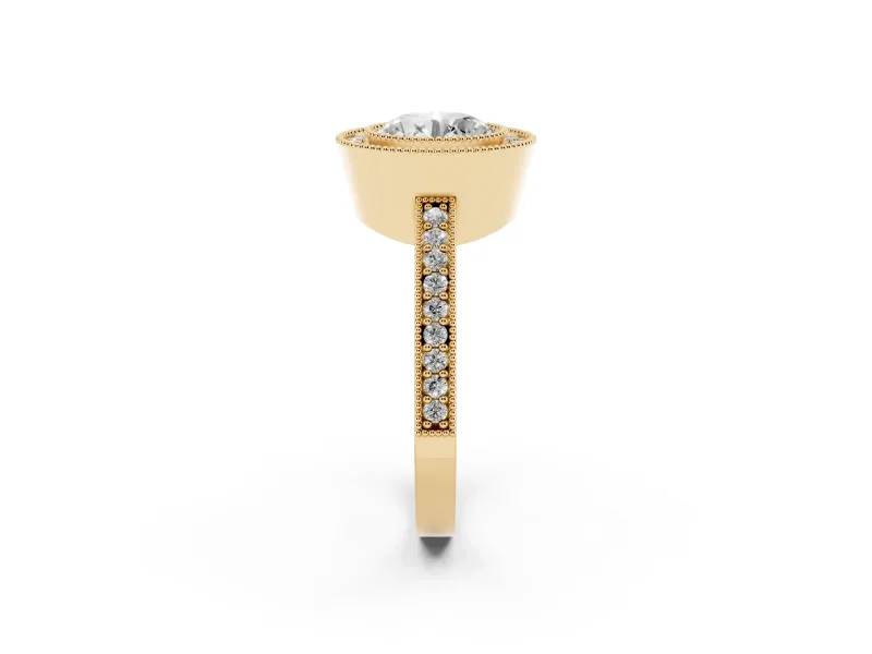 Round Cut Diamond Halo Engagement Ring Set in Yellow gold with Pavé Band and Round Halo Stones