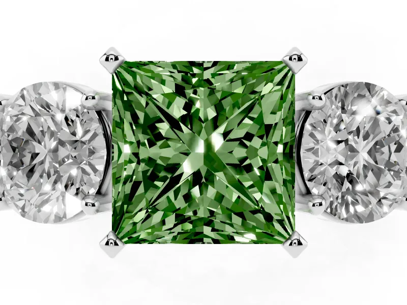 Princess Cut Three Stone Engagement Ring Setting for a Fancy Green Lab-Grown Diamond | Wide Plain Band | Sterling Silver