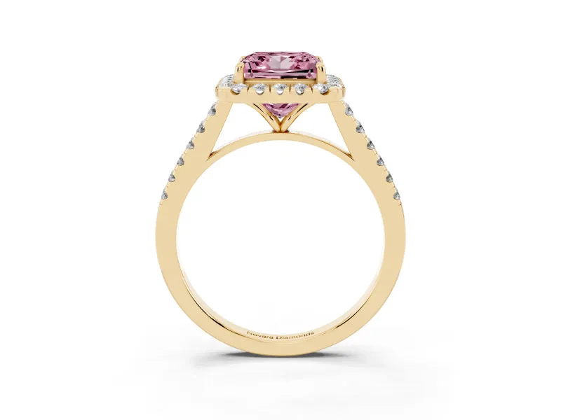 Princess Cut Halo Engagement Ring Setting for a Fancy Pink Lab-Grown Diamond | Pave Shoulders | Yellow Gold