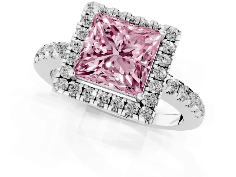 Princess Cut Halo Engagement Ring Setting for a Fancy Pink Lab-Grown Diamond | Pavé Band | Platinum