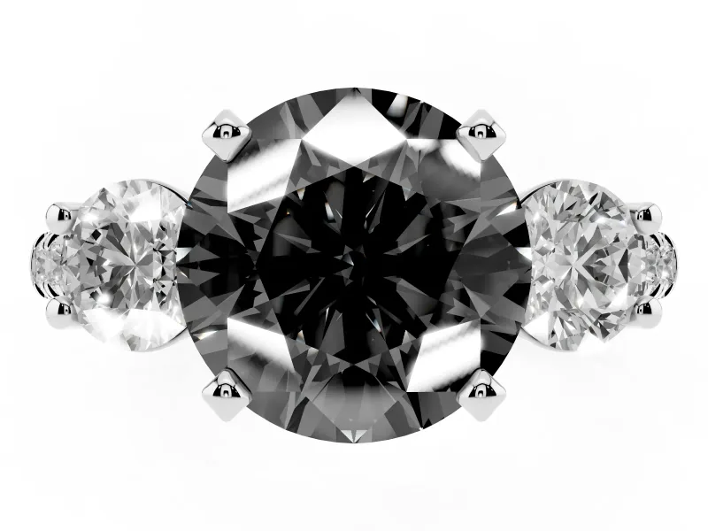 Fancy Black Three-Stone Round Cut Diamond Pavé Band Ring Set in White gold with Prong-Set Trio