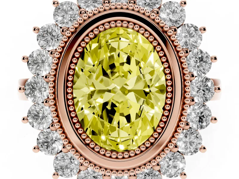 Fancy Yellow Oval Cut Diamond Halo Ring Set in Rose gold with Milgrain Edge and Round Prong Setting
