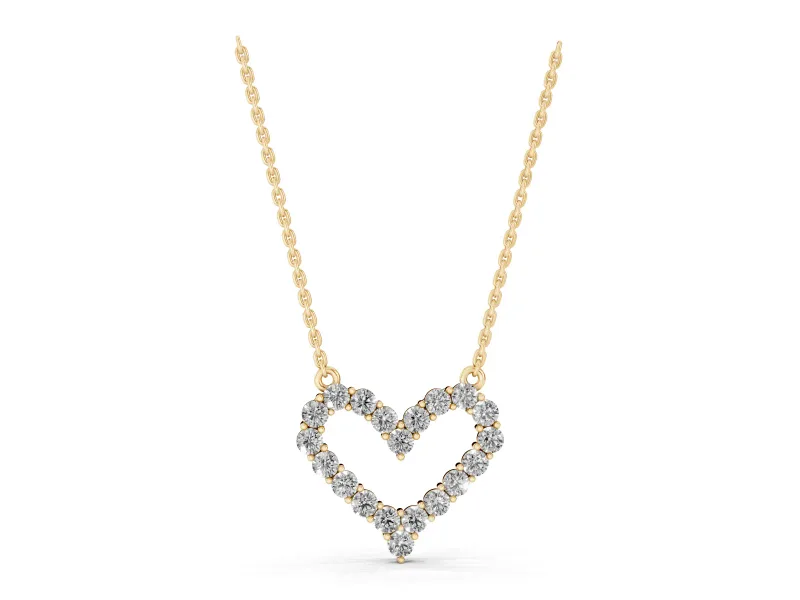 Round Lab-Grown Diamond Open Heart Pendant Necklace | Fixed Between Chains | Yellow Gold