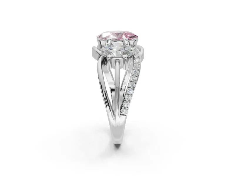 Oval Three Stone Split Shank Engagement Ring Setting for a Fancy Pink Lab-Grown Diamond | Matching Sides | White Gold