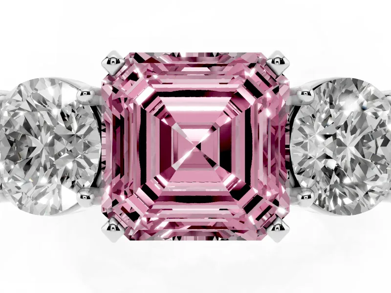 Asscher Cut Three Stone Engagement Ring Setting for a Fancy Pink Lab-Grown Diamond | Wide Plain Band | Platinum