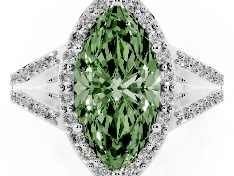 Marquise Halo Engagement Ring Setting for a Fancy Green Lab-Grown Diamond | V-Split Pavé Band | Sterling Silver