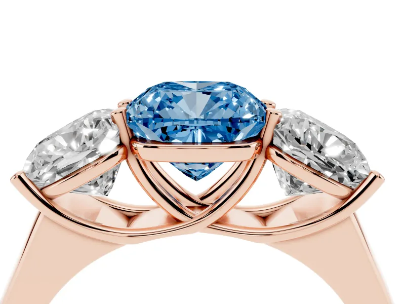 Cushion Cut Three Stone Engagement Ring Setting for a Fancy Blue Lab-Grown Diamond | Basket Prong Heads | Rose Gold