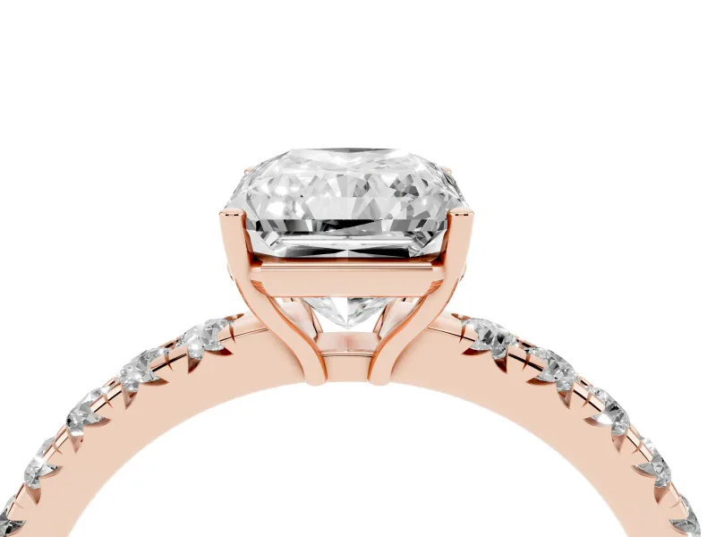 Radiant Cut Pave Engagement Ring Setting | Shared Prong Band | Rose Gold