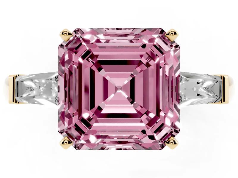 Fancy Pink Asscher Cut Diamond Solitaire Ring Set in Yellow gold with Tapered Baguette Side Stones and Prong Setting