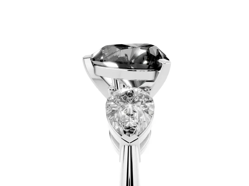 Fancy Black Three-Stone Heart Cut Diamond Ring Set in White gold with Pear Side Stones and Prong Setting