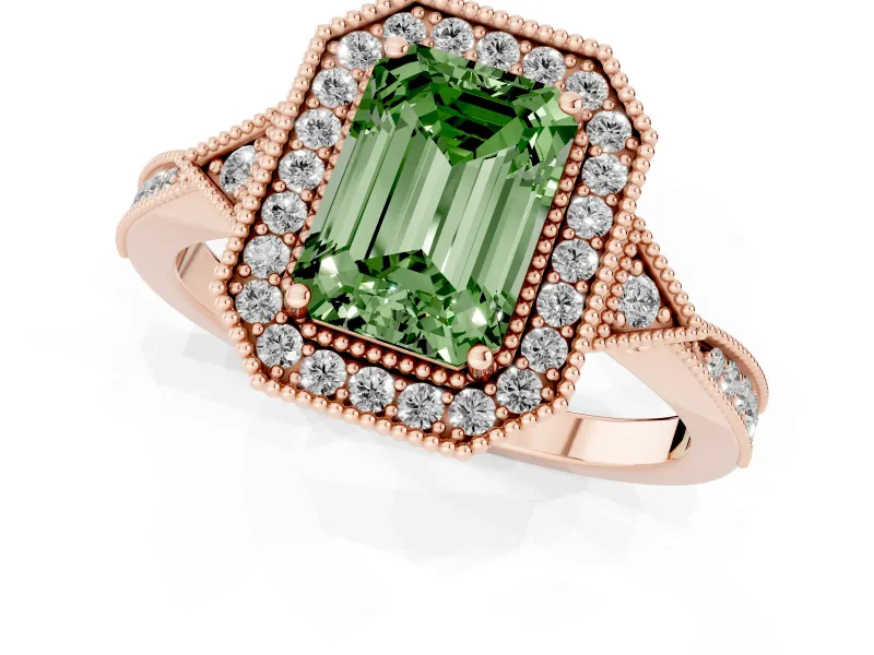 Fancy Green Emerald Cut Diamond Halo Engagement Ring Set in Rose gold with Milgrain Pavé Band