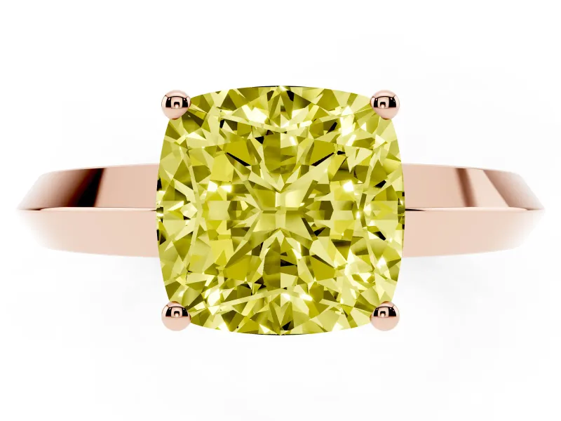 Fancy Yellow Cushion Cut Diamond Solitaire Engagement Ring Set in Rose gold with Flat Band and Prong Setting