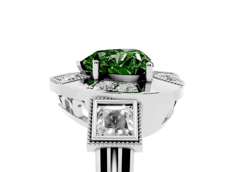 Fancy Green Heart Cut Diamond Milgrain Halo Ring Set in Platinum with Split Shank