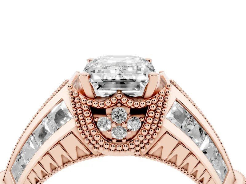 Emerald Cut Vintage Milgrain Hidden Halo Engagement Ring Setting | Channel-Set Shoulders | Rose Gold