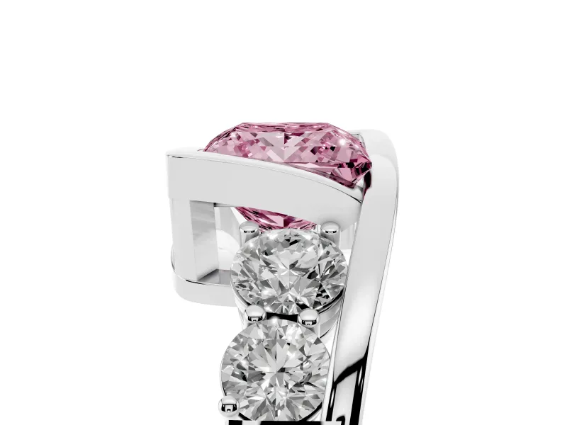 Fancy Pink Princess Cut Diamond Bezel Bypass Ring Set in Platinum with Round Accents