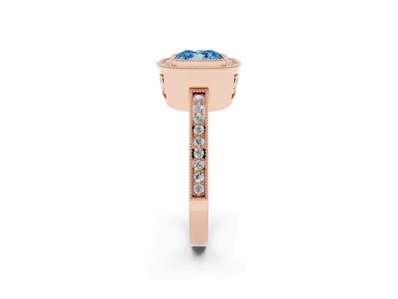Cushion Cut Milgrain Halo Engagement Ring Setting for a Fancy Blue Lab-Grown Diamond | Rose Gold