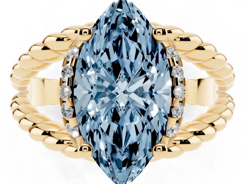 Fancy Blue Marquise Cut Diamond Halo Ring Set in Yellow gold with Twisted Band and Prong Setting