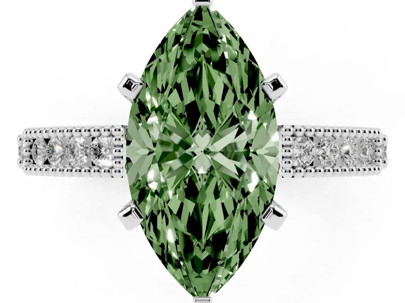 Fancy Green Marquise Cut Diamond Solitaire Ring Set in Platinum with Slim Pavé Band and Prong Setting