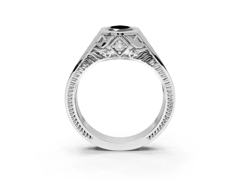 Marquise Vintage Bezel Engagement Ring Setting for a Black Center | Engraved Band | Sterling Silver