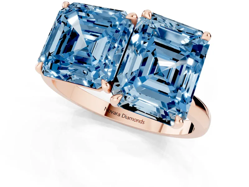 Fancy Blue Asscher Cut and Emerald Cut Toi Moi Ring Set in Rose gold with Prong Setting