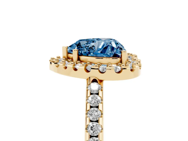 Heart-Shaped Pave Halo Engagement Ring Setting for a Fancy Blue Lab-Grown Diamond | Pave Band | Yellow Gold
