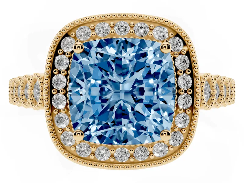 Cushion Cut Graduated Milgrain Halo Engagement Ring Setting for a Fancy Blue Lab-Grown Diamond | Yellow Gold