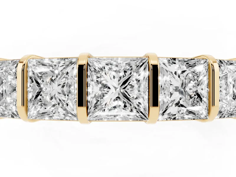 Princess Cut Diamond Seven-Stone Channel Band Set in Yellow gold with Bar Prongs