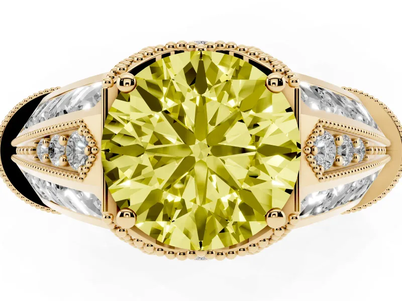 Round Vintage Milgrain Engagement Ring Setting for a Fancy Yellow Lab-Grown Diamond | Hidden Halo | Yellow Gold