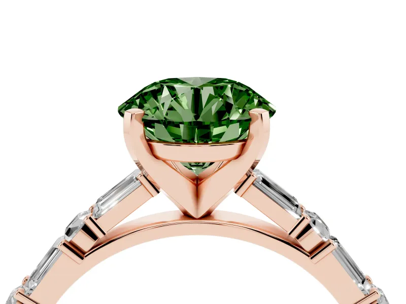 Fancy Green Round Cut Diamond Solitaire Set in Rose gold with Side Baguettes and Channel Set Band