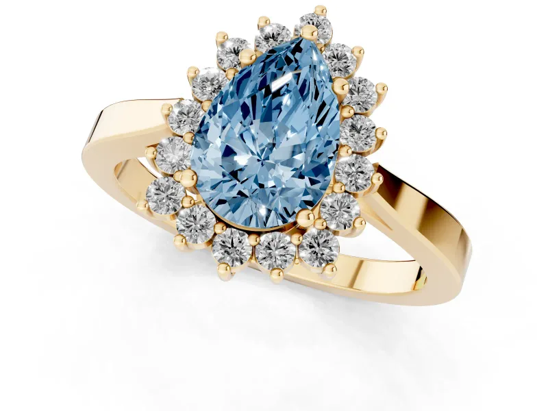 Fancy Blue Pear Cut Diamond Halo Ring Set in Yellow gold with Round Halo and Smooth Solitaire Band