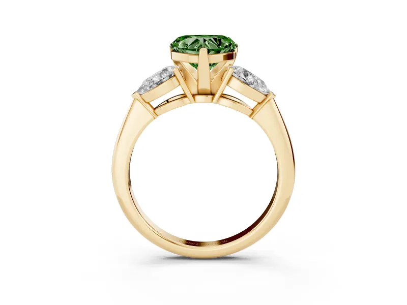 Fancy Green Three-Stone Heart Cut Diamond Ring Set in Yellow gold with Pear Side Stones and Prong Setting