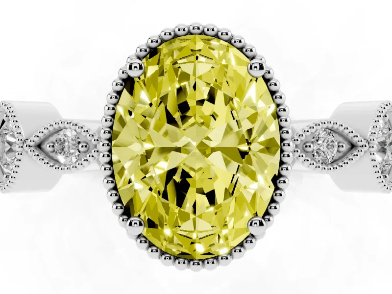 Fancy Yellow Oval Cut Diamond Vintage-Inspired Milgrain Ring Set in Silver with Marquise Stations of Round Accents