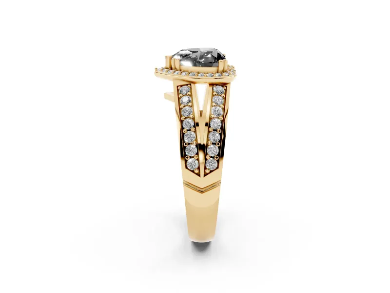 Fancy Black Heart Cut Diamond Halo Ring Set in Yellow gold with Double Pavé Split Shank