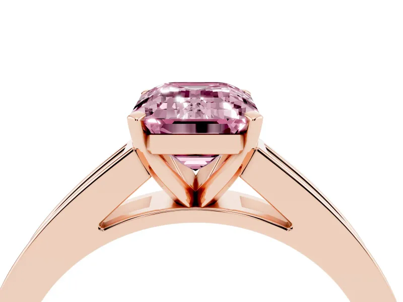 Fancy Pink Emerald Cut Diamond Solitaire Ring Set in Rose gold with Channel-Set Band and Prong Setting