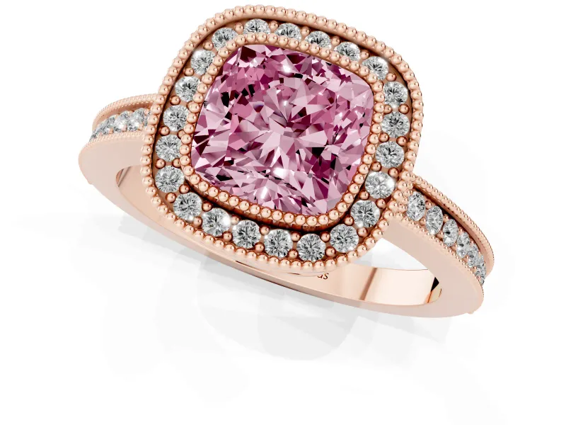 Fancy Pink Cushion Cut Diamond Halo Ring Set in Rose gold with Pavé Band and Milgrain-Edged Prongs