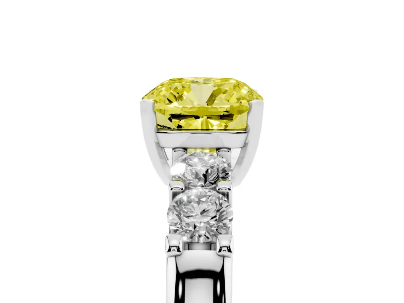 Fancy Yellow Cushion Cut Diamond Five-Stone Prong Set Engagement Ring Set in White gold with Channel Band