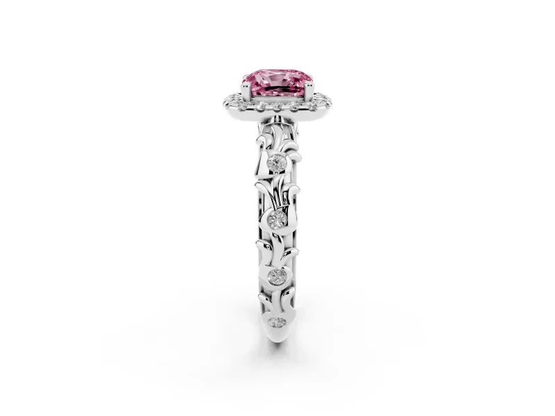 Cushion Cut Leaf Halo Engagement Ring Setting for a Fancy Pink Lab-Grown Diamond | Bezel Accents | Sterling Silver