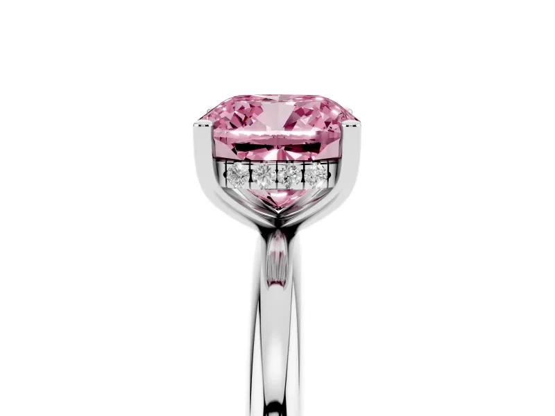 Cushion Cut Micro-Prong Hidden Halo Engagement Ring Setting for a Fancy Pink Lab-Grown Diamond | Plain Band | White Gold