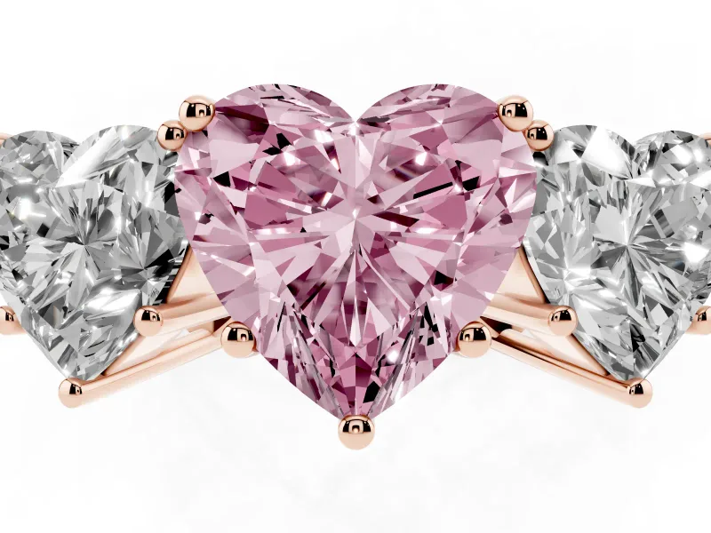 Heart-Shaped Three Stone Engagement Ring Setting for a Fancy Pink Lab-Grown Diamond | Beaded Shoulders | Rose Gold