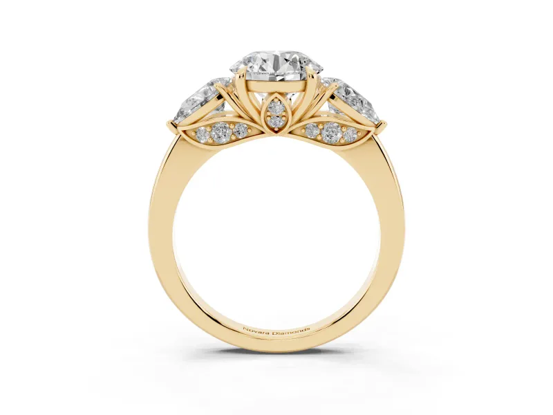 Round Three Stone Engagement Ring Setting | Pear Side Stones | Yellow Gold
