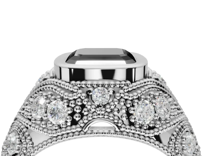 Asscher Cut Vintage Bezel Engagement Ring Setting for a Black Center | Milgrain Band | White Gold