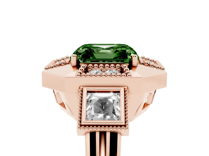 Fancy Green Asscher Cut Diamond Milgrain Halo Ring Set in Rose gold with Split Shank