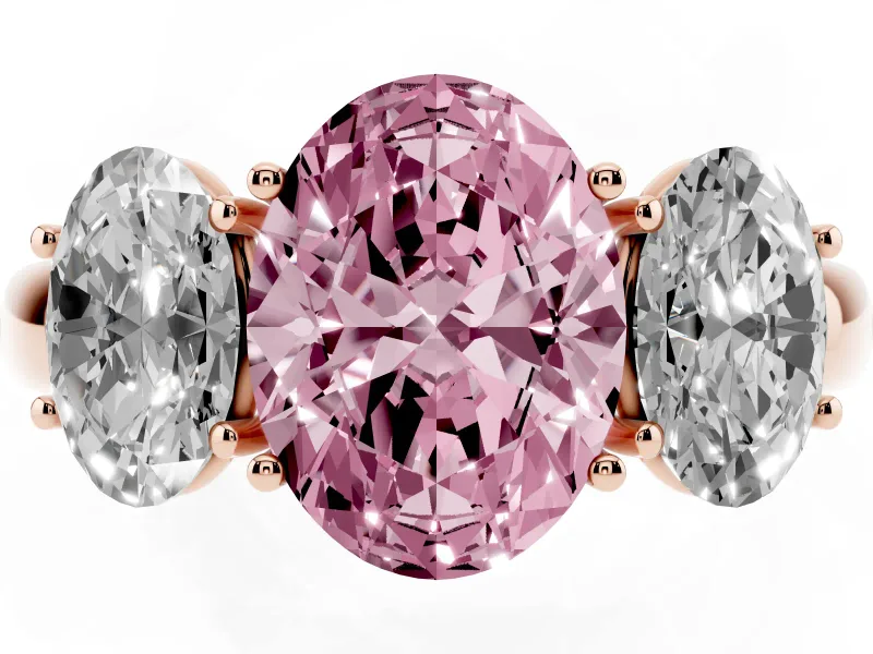Fancy Pink Oval Cut Diamond Three-Stone Ring Set in Rose gold with Bold Center and Classic Band