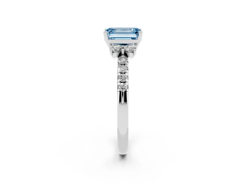 Emerald Cut Side Stone Engagement Ring Setting for a Fancy Blue Lab-Grown Diamond | Pave Band | Sterling Silver
