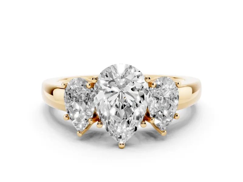 Pear Cut Diamond Three-Stone Ring Set in Yellow gold with Bold Center and Classic Band