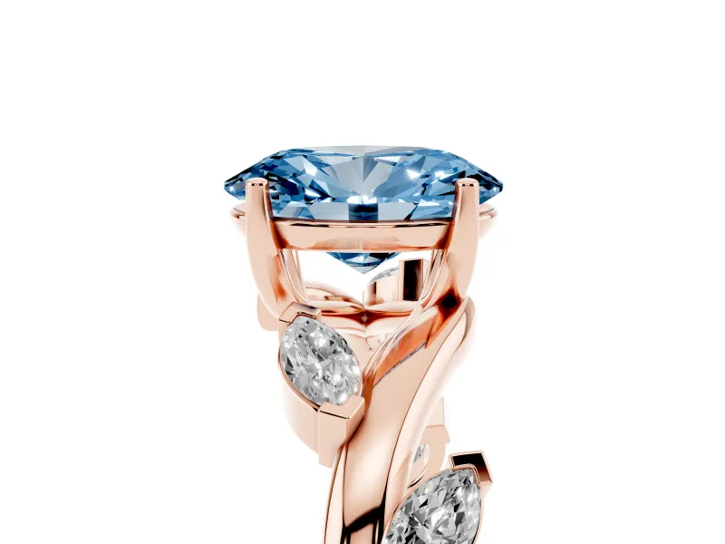 Fancy Blue Oval Cut Diamond Solitaire Ring Set in Rose gold with Twisted Marquise Accent Band